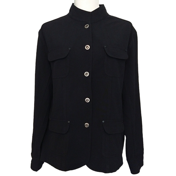 Chico's Black Snap Jacket 4 Pockets Stand Collar Classic Lightweight Minimalist - Picture 1 of 9